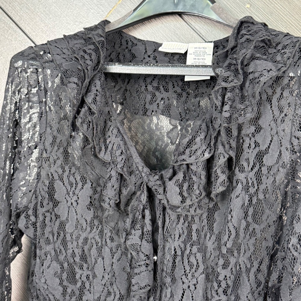 White Stag Women's Med Whimsigoth Black Lace Button Up Blouse Bell Sleeve Y2K - Picture 5 of 7